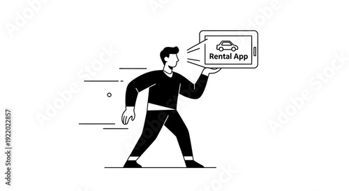 Man holding a tablet with a car rental app interface on the screen