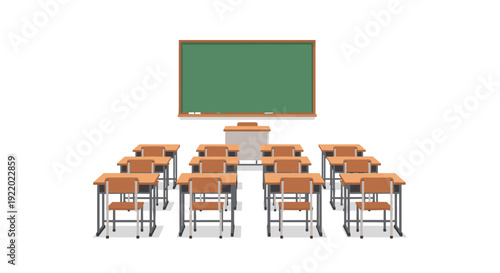 An empty classroom features wooden desks and chairs facing a green chalkboard and a teacher's desk on a clean white background.