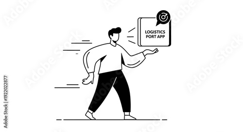 Man Holding Square Box with Logistics Port App Icon and Abstract Lines