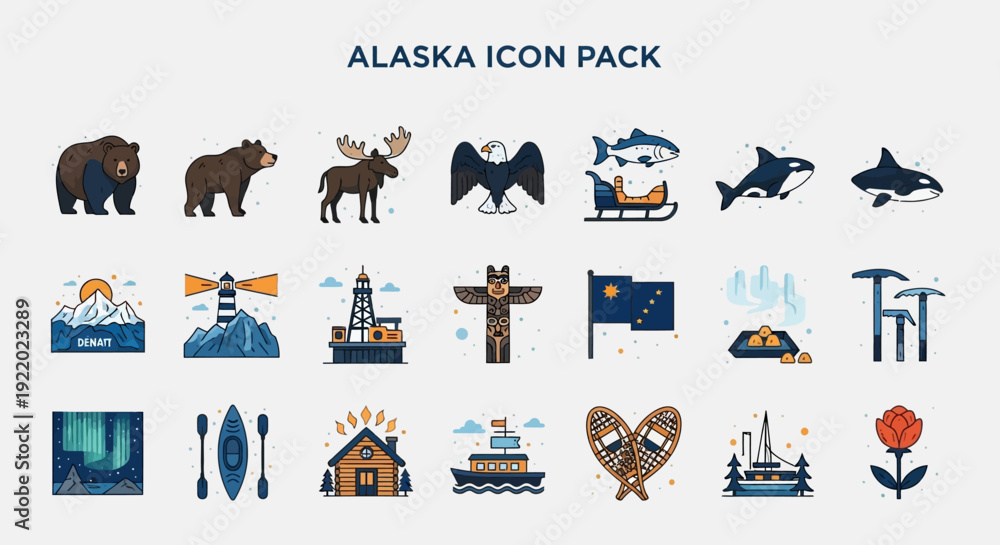 Fototapeta premium Diverse vector icon collection capturing the essence of Alaska, with unique symbols of wildlife, stunning natural landscapes, cultural heritage, and adventurous travel experiences