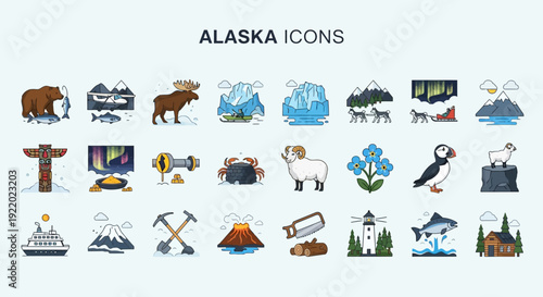 Vibrant vector icon collection illustrating Alaska's natural beauty, iconic wildlife, and rich cultural symbols, perfect for travel, adventure, and exploration themes
