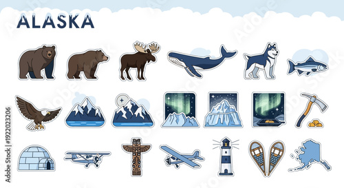 Alaskan flat vector icons set depicting diverse wildlife, majestic landscapes, and cultural symbols for travel, adventure, and wilderness exploration designs