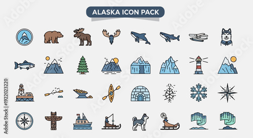 Comprehensive Alaska Icon Pack Illustrating Arctic Wilderness, Native Wildlife, Majestic Glaciers, and Northern Culture for Travel and Adventure Designs