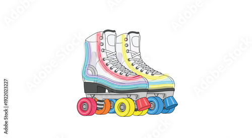 A pair of classic roller skates boasts a whimsical design with soft rainbow stripes and brightly colored wheels.
