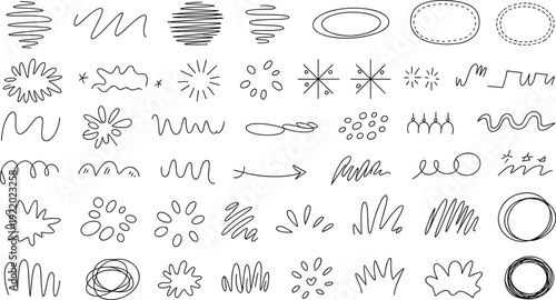 Collection of various black and white line art shapes and patterns