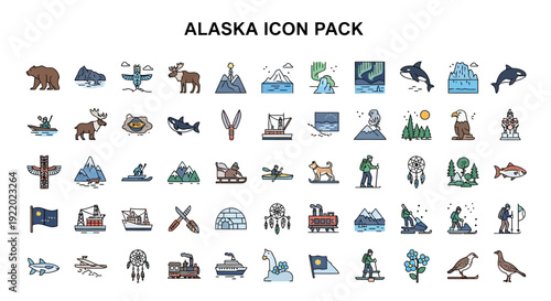 Comprehensive collection of Alaskan themed flat line icons depicting wildlife, nature, outdoor activities, and travel essentials for various design projects