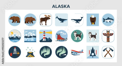 Alaska vector icon collection showcasing iconic wildlife, majestic northern landscapes, and unique cultural symbols for travel, education, and graphic design