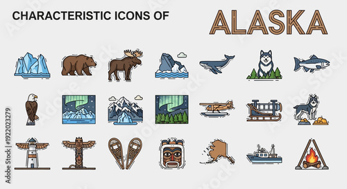 Alaska characteristic icons a visual guide to the unique features of the Last Frontier