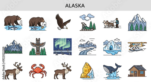 Alaska Icons Explore the Wild Beauty and Iconic Symbols of Alaska with this Comprehensive Set of Illustrations