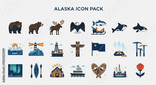 Diverse vector icon collection capturing the essence of Alaska, with unique symbols of wildlife, stunning natural landscapes, cultural heritage, and adventurous travel experiences