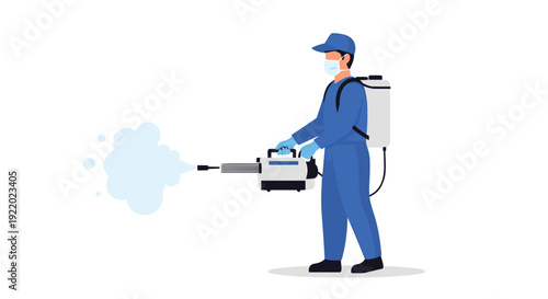 A professional worker wearing a protective mask and blue uniform operating a chemical fogger with a backpack sprayer for disinfection.