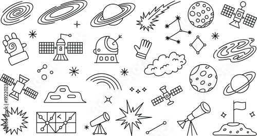 A collection of black and white space themed doodles and illustrations