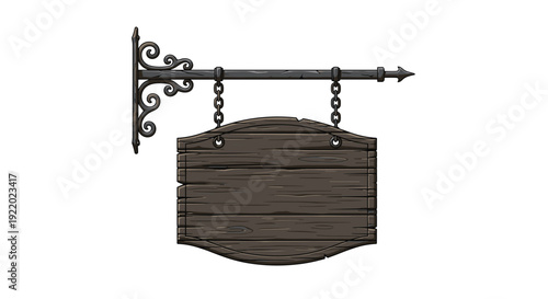 An ornate dark brown wooden sign with a weathered texture is suspended by decorative metal chains from an intricate wrought iron bracket.