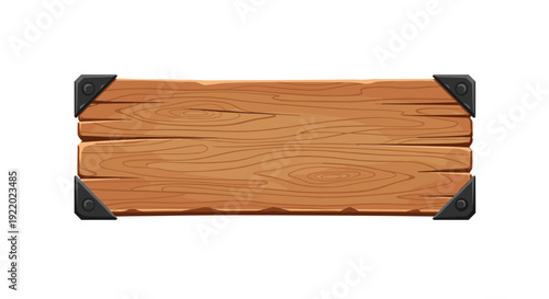 A horizontal rectangular wooden board displaying visible grain patterns is secured with dark grey metal corner brackets.