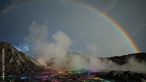 Volcanic Eruption with Rainbow and Lava Flow.