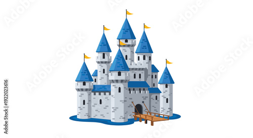 A grand fantasy castle featuring vibrant blue rooftops and flags is surrounded by a moat with a small wooden bridge entrance.