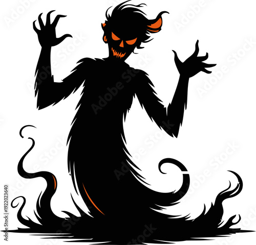 Spooky black silhouette of a monster or demon with glowing orange eyes and a jagged smile, rising from a smoky base with sharp claws and pointed ears, isolated on a white background.