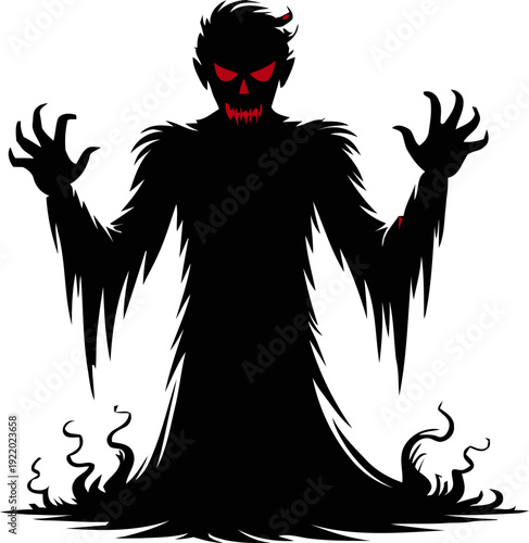 Creepy monster shadow vector illustration with glowing red eyes and mouth. Dark spooky figure with sharp claws and jagged edges emerging from black smoke.