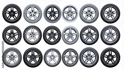 Modern Car Wheel and Alloy Rim Icon Set – Flat Automotive Tire Symbols Collection
