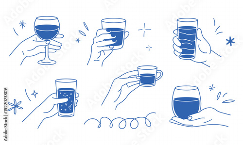 A series of illustrations depicting the process of drinking from a glass
