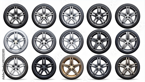 Modern Car Wheel and Alloy Rim Icon Set – Flat Automotive Tire Symbols Collection
