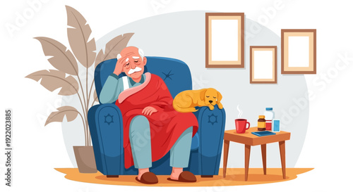 An elderly man sitting comfortably on a blue couch with a dog beside him, relaxing at home with a cup of coffee on a nearby table
