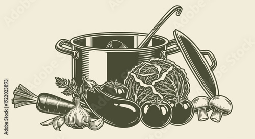 A kitchen scene featuring a pot surrounded by fresh ingredients and cooking utensils viewed from a slightly elevated perspective