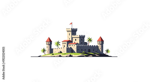 An illustrative drawing depicts a historical castle with multiple towers, a red flag flying, and several green palm trees on an isolated grassy island.