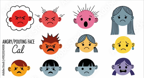 A collection of cartoon faces displaying various angry and pouting expressions, showcasing different emotions and reactions, in a simple illustration style.