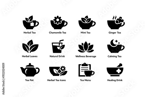 Herbal tea icons featuring chamomile, mint, ginger, and wellness symbols