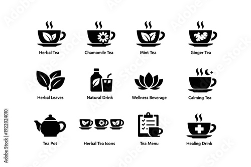 Herbal tea icons collection: chamomile, mint, ginger, wellness symbols