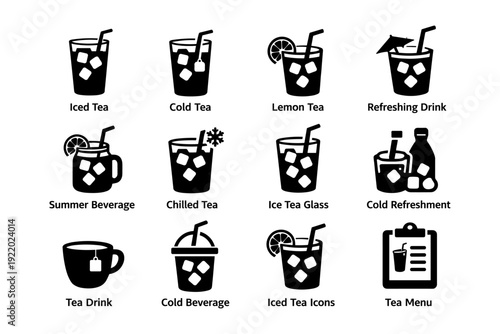 Iced tea and beverage icons with lemon and straw illustrations