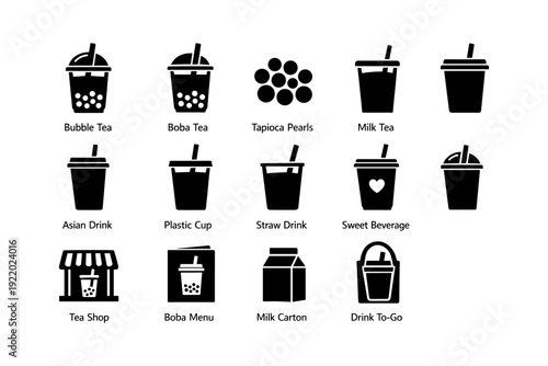 Bubble tea icons: boba, tapioca pearls, milk tea, to-go drinks, asian beverages