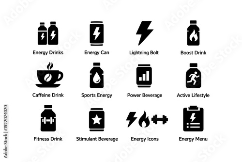 Energy drink icons set: bottles, cans, lightning bolt, sports, fitness symbols