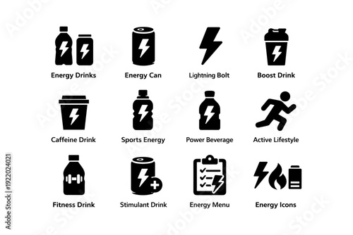 Set of energy drink and lifestyle icons featuring lightning and beverage designs