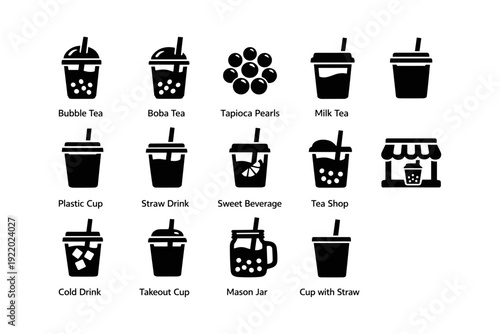 Bubble tea icons: boba, tapioca pearls, straws, takeout cups, tea shop