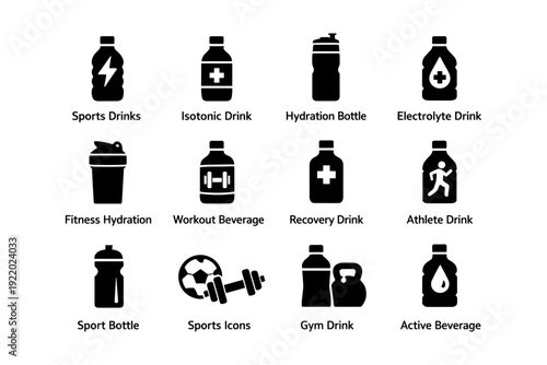 Icon set of various sports drinks and hydration bottles for athletes