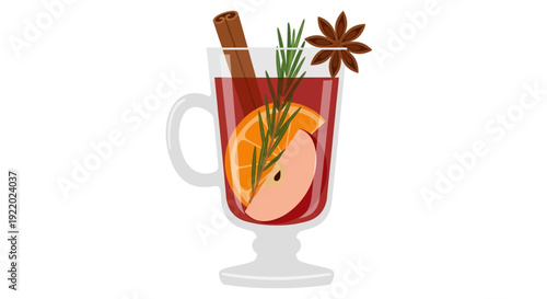 A festive mug filled with mulled wine and spices, garnished with orange and star anise, viewed from the front