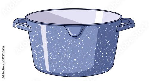 A speckled blue enamel pot with two handles viewed from the front on a white background