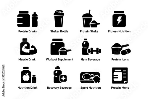 Protein and nutrition icons set featuring fitness and workout supplements