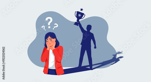 A puzzled woman looks on as a silhouetted figure holds aloft a trophy