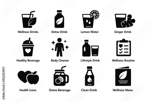 Wellness drink icons: cleanse, detox, health routine symbols with beverages and fruits