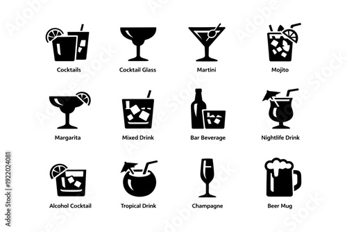 Silhouette icons of popular cocktails: martini, mojito, margarita, and more