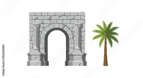 A clear vector illustration depicts a robust stone archway with ornate columns standing right beside a solitary tall green palm tree on a pure white background.