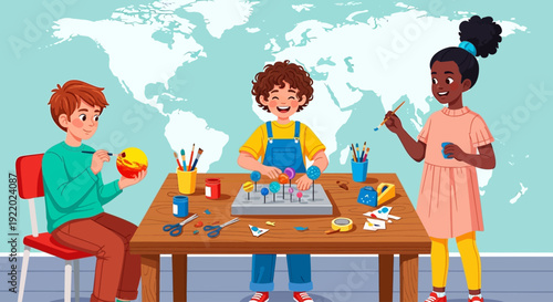 Children engaged in creative art activities around a table with diverse supplies and a world map in the background