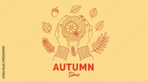 A pair of hands holding a clock surrounded by autumn leaves and acorns, symbolizing the passage of time during the autumn season in a creative illustration.