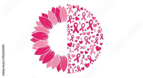 Breast Cancer Awareness Symbol Represented by a Pink Ribbon and Floral Elements in a Circular Formation