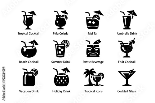 Tropical cocktail icons: mai tai, piña colada, exotic summer drinks