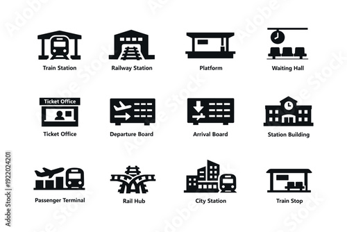 Transportation icons set featuring train and airport symbols