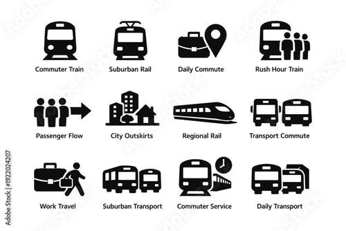 Commuter transport icons: trains, buses, and city travel symbols
